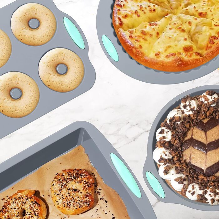 Набір силіконових форм для випічки Tongjude, 47 предметів, 6 силіконових форм для торта, форма для хліба, форми для пончиків, форма для випічки з антипригарним покриттям, з мірною чашкою та ложкою, сірий (5 набори форм для випічки)