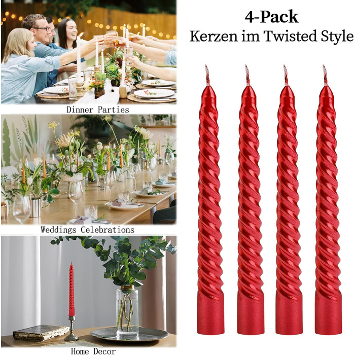 Набір з 4 конічних спіральних свічок 2 x 20 см, червоний Bolosa