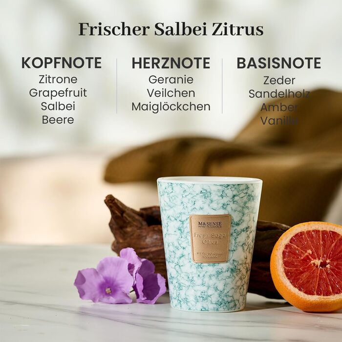 Ароматизована свічка M&SENSE велика Чорні ароматизовані свічки у склянці Ароматизована свічка з натурального соєвого воску Розслаблююча ароматерапія Подарунок для жінок та чоловіків, Різдво 75 годин горіння та 2 ґноти (свіжий шавлія, цитрус, 400 г)
