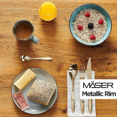 Сучасний набір посуду на 4 особи з обідком латунного кольору, комбінований набір, керамограніт, 16 предметів, світло-блакитний MÄSER