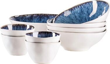 Набор из 9 замороженных мисок серии MSER из красивой керамики, 1 салатница, 4 миски для рамена и 4 миски для соуса, органические формы в винтажном виде, ручная глазурь, керамогранит, синий, 26