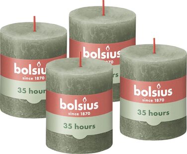 Свічки Bolsius Rustic Pillar - Оливково-зелені - Набір з 4 шт. - Декоративні побутові свічки - Час горіння 60 годин - Без запаху - Натуральний рослинний віск - Без пальмової олії - Оливково-зелені (8 x 7 см, Оливково-зелені)
