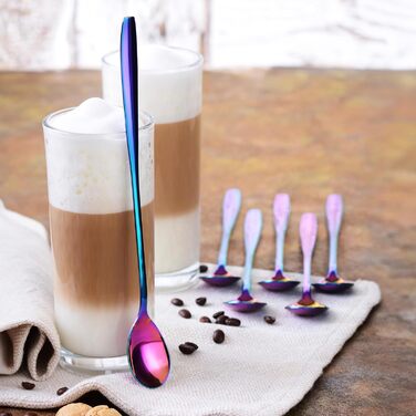 Набір ложок GRWE для лате макіато, золотистий, 6 предметів, 22 см, довгі ложки, ложки для коктейлів, десертні ложки, ложки для морозива, ложки для кави з льодом, нержавіюча сталь, можна мити в посудомийній машині (райдужний)