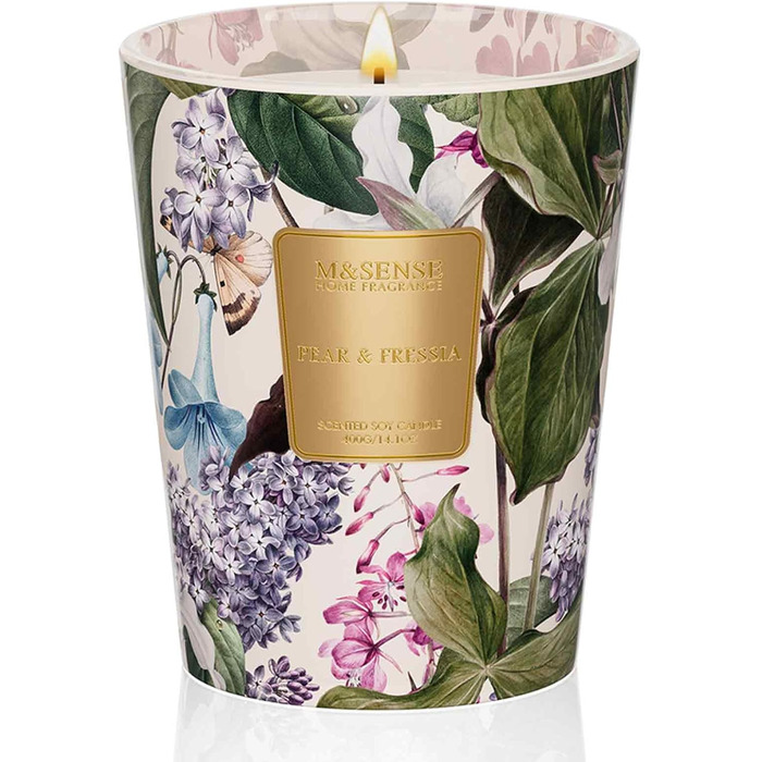 Надзвичайно велика ароматична свічка M&SENSE, час горіння 150 годин, натуральна ароматерапевтична свічка з 3 гнітами, сильний аромат, тривале горіння, подарункова свічка та прикраса для дому, подарунки для жінок (400 г, груша фрезія)