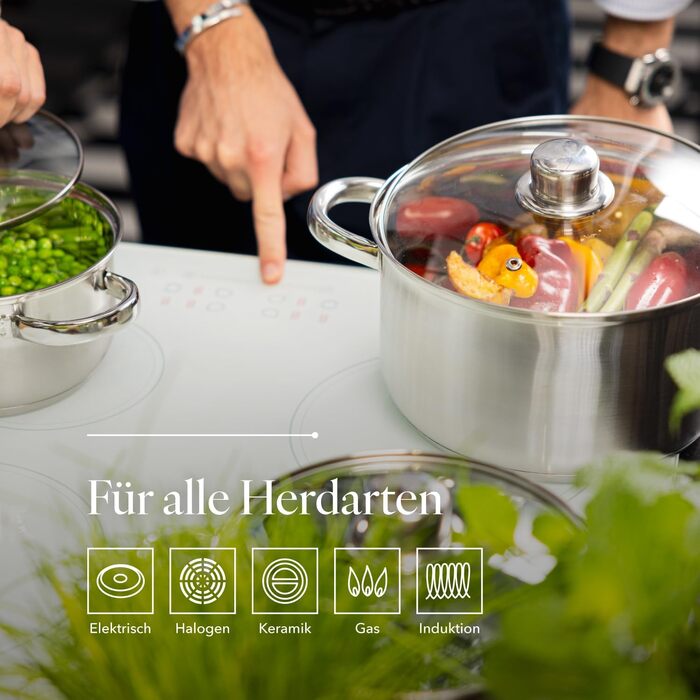 Набір посуду FLORINA 4 предмети Нержавіюча сталь 18/0 Кришка із загартованого скла Для індукційних, газових, електричних та керамічних варильних поверхонь Можна мити в посудомийній машині Високоякісний набір посуду для кожної кухні (8 предметів, Polpo)