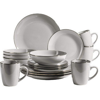 Сучасний набір посуду на 4 особи з обідком латунного кольору, комбінований набір, керамограніт, 16 предметів, сірий MÄSER