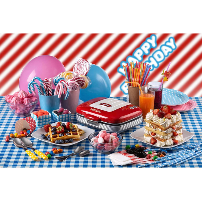 Вафельниця Ariete Party Time 1973, вафельна тарілка з антипригарним покриттям, місцем для кабелю, запобіжником і індикатором роботи, 700 Вт, червоний