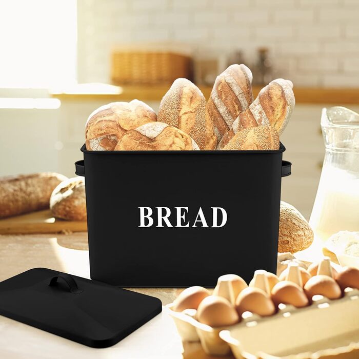 Чорна хлібниця Herogo, дуже велика металева хлібниця для кухні, вінтажна висока хлібниця з кришкою, компактний контейнер для зберігання хліба для стільниці, вміщує 2 хліби, 33 x 24,5 x 19 см