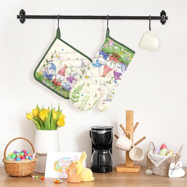 Набір з 2 різдвяних рукавиць для духовки та підставки для каструлі Arquiel, 100 бавовняні кулінарні рукавички, термостійкі кухонні рукавички для приготування їжі, різдвяні подарунки для жінок (гном, рукавичка для духовки підставка для каструлі)