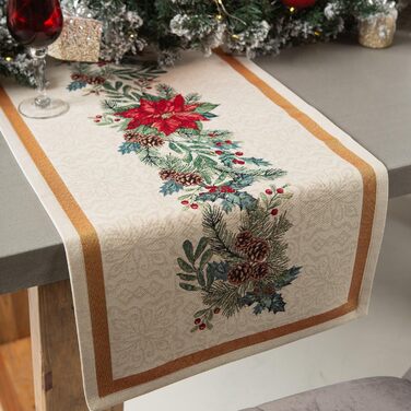 Різдвяна гобеленова скатертина Home of Christmas Скатертина на Різдво та Новий рік (Пуансетія з сосновими шишками (блискуча), доріжка 47x100 см)