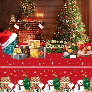 Різдвяні скатертини, одноразові різдвяні скатертини, великі прямокутні скатертини у формі Санта-Клауса, сніговика, обідні скатертини для різдвяної вечірки (137 x 274 см) (червоний фон сніговик), 2