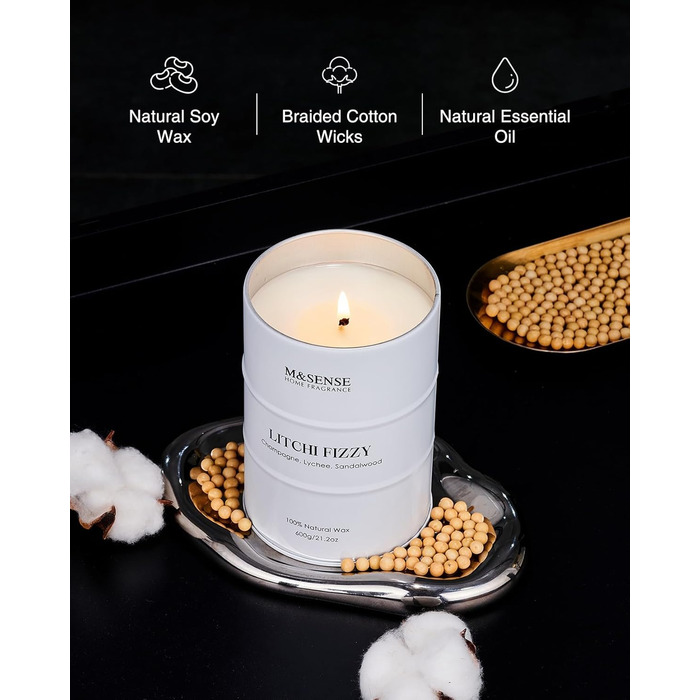 Ароматичні свічки M&SENSE з натурального соєвого воску, натуральна соєва свічка для домашнього декору, тривалий час горіння до 70 годин, класні подарунки для чоловіків та жінок (600 г, лічі, шипучі)