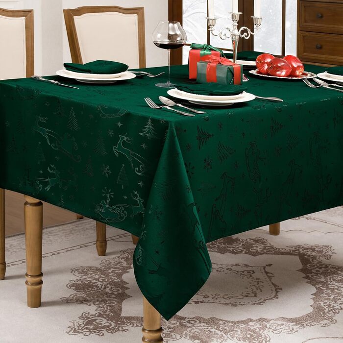 Маленька різдвяна скатертина Romanstile, яку можна прати та вона водовідштовхувальна, жакардові олені та ялинка, квадратна скатертина для журнального столика, святкова, подарункова (150 x 300 см, темно-зелена)