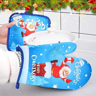 Рукавичка для духовки та прихватка для каструль, набір 2 предмети з різдвяним принтом, сині Embhlitfe