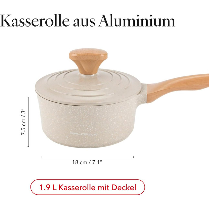 Алюмінієва каструля FLORINA 16 см 1,6 л Підходить для індукції Керамічне покриття, стійке до подряпин М&39яка ручка під дерево Термостійка Для всіх варильних поверхонь Легко миється (OSLO, 1,9 л - 18 см)