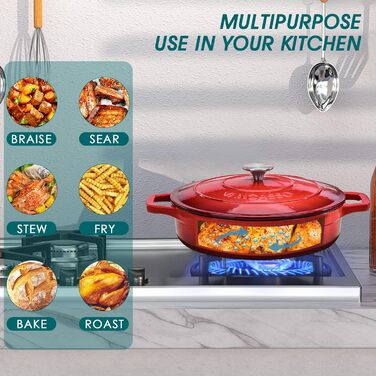 Чавунна овальна емальована каструля Vancasso об&39ємом 6 л з кришкою, поживна та смачна для дому, ресторану, готелю, духовки, 30 x 13 см (червона, 28 x 7 см)