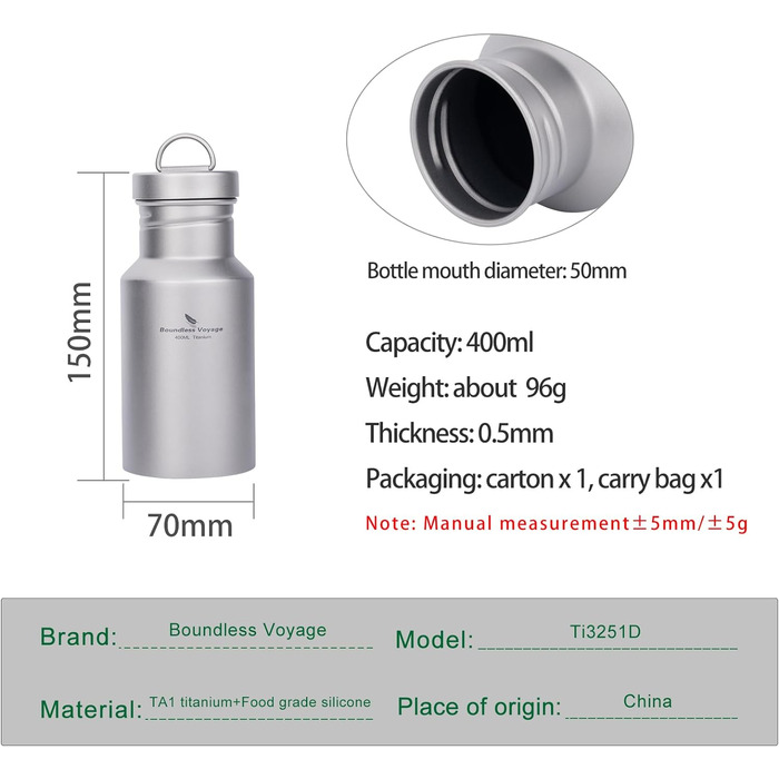 Титанова пляшка для води Відкритий кемпінг Одношарова металева пляшка для води з широким горлом Захист від протікання Спорт Їзда на велосипеді Піші прогулянки Пікнік Скелелазіння Біг Чай Кава Пляшка для напоїв (400 мл Ti3251d)