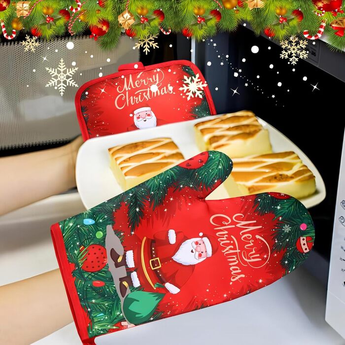 Рукавичка для духовки та прихватка для каструль з різдвяним дизайном, набір 2 предмети, червоні Embhlitfe