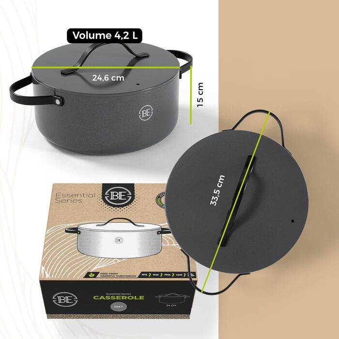 Каструля Be Living Essential з кришкою Ø 28 см з кришкою, антипригарна кераміка, індукційна, без PTFE та PFOA, (4 літри, сіра)
