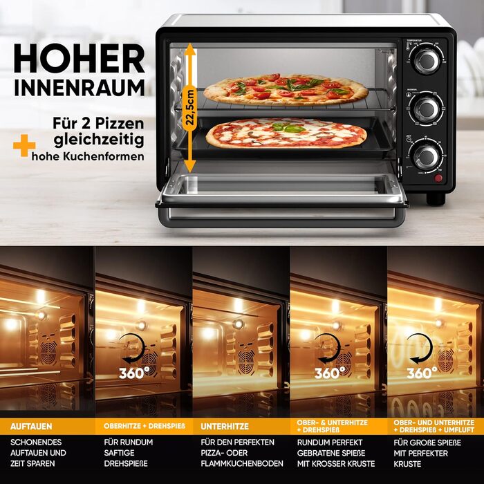 Міні-піч Stillstern з конвекцією 25 л (версія для Німеччини) Піца Ø25, антипригарне покриття CYCLONE PRO, розморожування, таймер 2 години, кемпінгова міні-піч конвекційна піч для піци міні-піч невеликий гриль для курки з вертелом