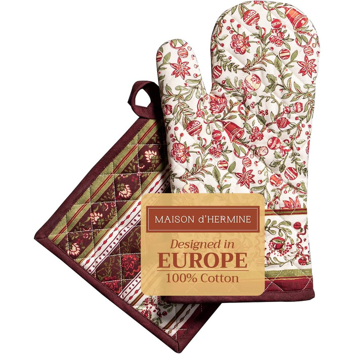 Рукавички для духовки, підставки для каструль Maison d&39 Hermine, 100 бавовна, термостійкі кухонні рукавички, рукавички для духовки (19 x 33 см) та підставки для каструль (20 x 20 см) для приготування їжі, Морзін - Рукавички для духовки (19 x 33 см) та п