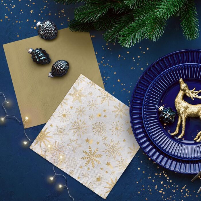 Серветки 3-шарові (33 x 33 см) I 20 шт. I Різнокольорові паперові серветки, ідеальні для різдвяного столу I Серветки - Різдво, зима, зірки, сніг, сніговики I (Блискучі сніжинки)