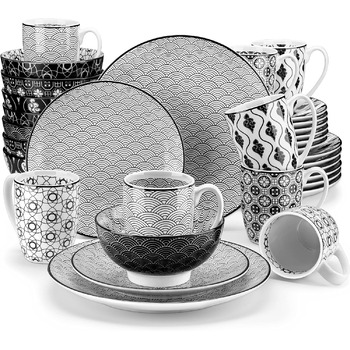 Порцеляновий набір посуду Haruka, 48 шт. Набір Round Combo сервіз на 12 осіб, включає кружки, піали, десертні тарілки та обідні тарілки (чорний кремовий, набір посуду з 32 предметів)