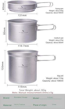 Набор посуды для кемпинга Boundless Voyage Набор титановых кастрюль со складной ручкой Уличная посуда Кастрюли Сковороды Сковорода Посуда для пикника (Ti1587B)