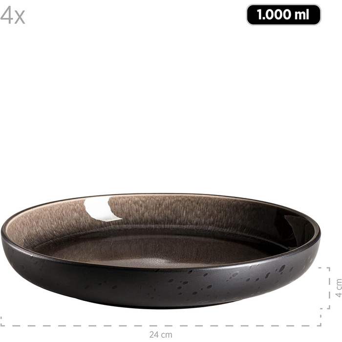 Сучасний набір на 4 персони в захоплюючому вінтажному образі, великі плоскі обідні тарілки з кераміки, керамограніту, сірий/чорний (супові тарілки, сірий / чорний)