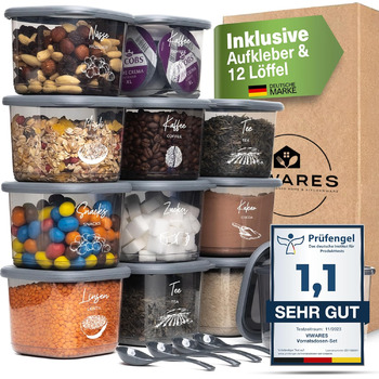 Банки для хранения с герметичными крышками Набор из 24 контейнеров для хранения БЕЗ БИСФЕНОЛА А Для мюсли, хранения муки и сахара Практичный кухонный ящик для хранения всех продуктов (антрацит 0,550 мл)