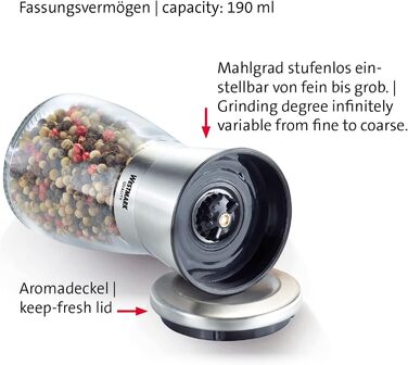 Дисплей Westmark, Вміст 6 дозаторів, Ємність 190 мл кожен, Скло/Нержавіюча сталь/Пластик, Прозорий/Чорний/Сріблястий, 63592611 (Млин для спецій, 2 шт. и, Прозорий/Сріблястий/Чорний)