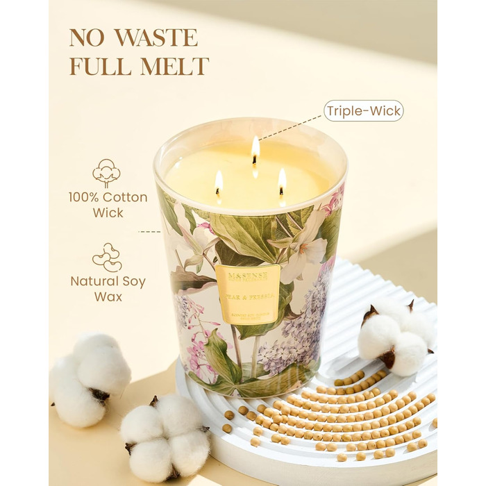 Ароматична свічка M&SENSE надзвичайно велика, час горіння 150 годин, натуральна ароматерапевтична свічка з 3 гнітами, сильний аромат, тривале горіння, подарункова свічка та прикраса для дому, подарунки для жінок (990 г, груша фрезія)