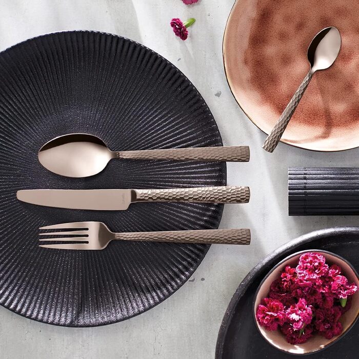 Набір столових приборів Amefa PVD Felicity, чорні столові прибори, столові прибори з 24 предметів чорні, для 6 осіб, нержавіюча сталь 18/0, сталь леза 13/0, ручка з молотком, з ножем, виделкою, ложкою та ложкою для кави (набір столових приборів, 24 предме
