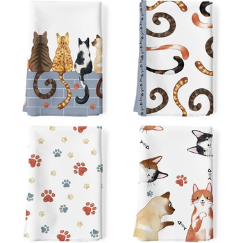 Кухонні рушники, бавовна, 4 шт., кухонні рушники, 100 бавовна. Осінній набір кухонних рушників. Універсальний високоякісний кухонний рушники для сушіння рушників 50 x 70 см (кіт із мультфільмом)