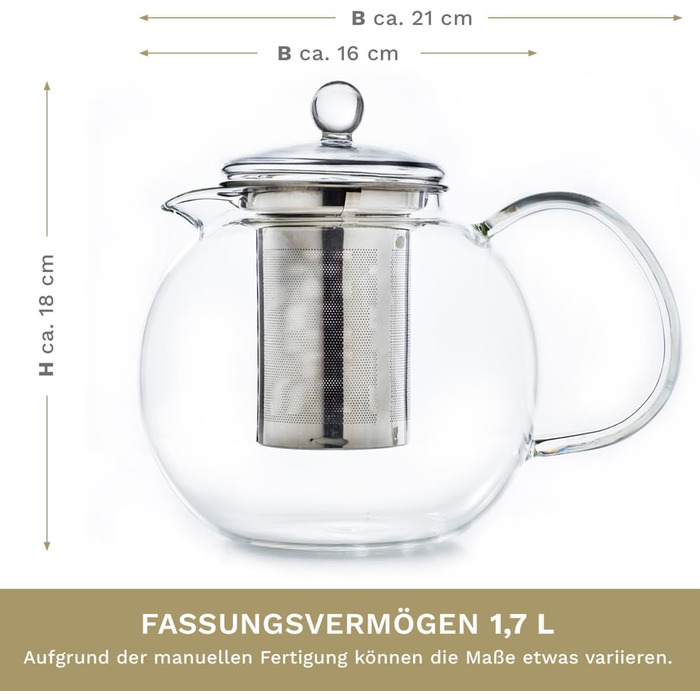 Скляний чайник Creano 1.3 л, скляний чайник із 3 частин із вбудованим ситечком з нержавіючої сталі та скляною кришкою, ідеально підходить для приготування сипучих чаїв, без крапель, моноблок (1,7 л)