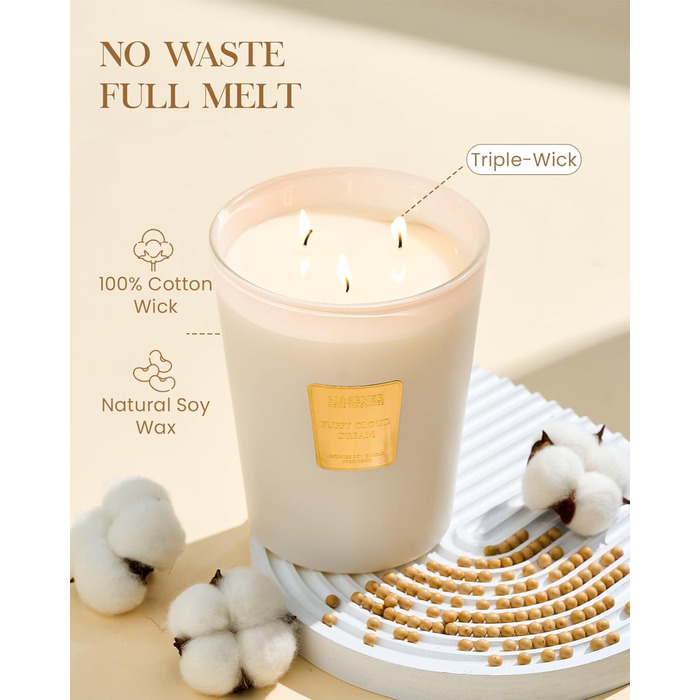 Ароматична свічка M&SENSE надзвичайно велика, час горіння 150 годин, натуральна ароматерапевтична свічка з 3 гнітами, сильний аромат, тривале горіння, подарункова свічка та прикраса для дому, подарунки для жінок (990 г, пухнаста хмаринка мрії)