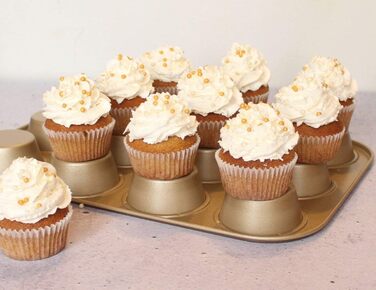 Форма для кексів Zenker 7358 з 12 предметів Ø 7 см MOJAVE GOLD, форма для випікання кексів з листової сталі, деко з армованим керамікою антипригарним покриттям (колір червоне дерево/золото), кількість 38,5 х 26,5 х 3 см