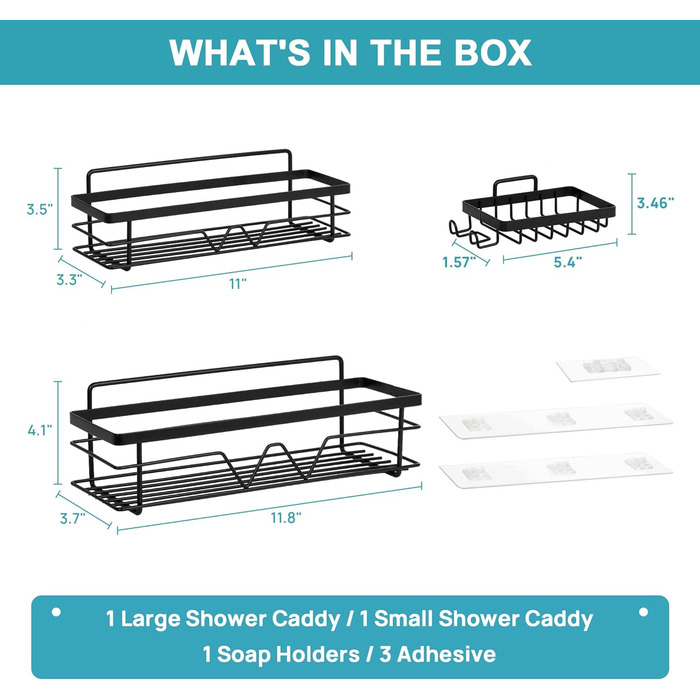 Душова полиця Vtopmart без свердління, органайзер для полиці для ванної кімнати з нержавіючої сталі, душова полиця для аксесуарів для ванної кімнати, полиця для душу чорна для шампуню та гелю для душу