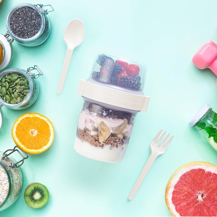 Стаканчик для йогурту IDOBY з ложкою та виделкою, набір з 4 шт. , 650 мл, 100 без бісфенолу А. Практичний стаканчик для пластівців, багаторазовий стаканчик для сніданку, ідеально підходить для школи та офісу.