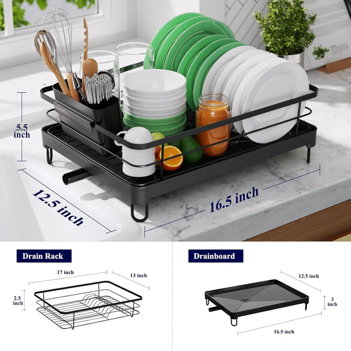Сушарка для посуду Vialex, компактна сушарка для посуду для кухонного столу, приставна кухонна сушарка з нержавіючої сталі з тримачем для столових приборів, сушарка для посуду (чорна, XL)
