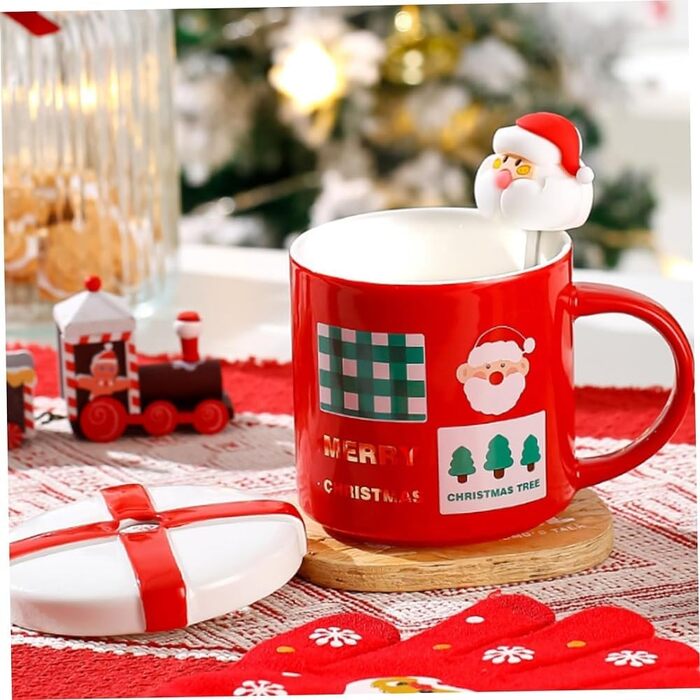 Рождественская кружка 400 мл с крышкой и ложкой, красная с принтом Санта Клауса SuperglockT
