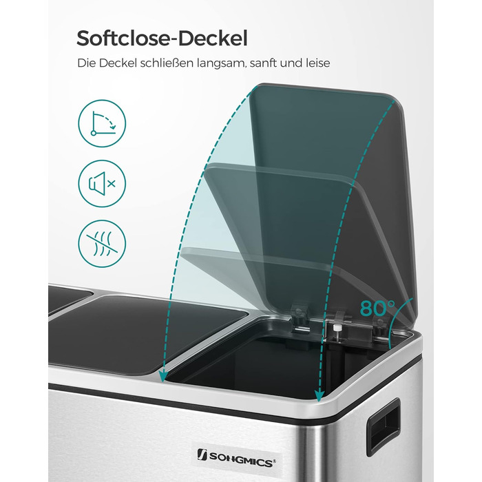 Кухонний контейнер для сміття SONGMICS, 3 x 18 л, система розділення сміття з 3 відділеннями, включаючи 15 мішків для сміття, відро для сміття, відро для сміття на педалі, для перероблених відходів, органічних відходів, з кришкою, LTB54BK (сріблястий мета