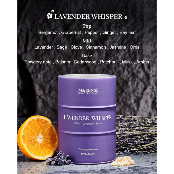 Ароматичні свічки M&SENSE з натурального соєвого воску, натуральна соєва свічка для домашнього декору, тривалий час горіння до 70 годин, класні подарунки-свічки для чоловіків і жінок (600 г, шепіт лаванди)
