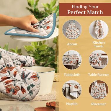 Рукавички для духовки, прихватки для каструль Maison d&39 Hermine, 100 бавовна, термостійкі кухонні рукавички, рукавички для духовки (19 x 33 см) та прихватки для каструль (20 x 20 см) для приготування їжі, Morzine - Рукавички для духовки (19 x 33 см) та 