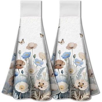 Набір з 2 різдвяних кухонних рушників для підвішування з петлею, рушник з написом Веселого Різдва, мякий абсорбуючий підвісний чайний рушник з мікрофібри 31,5 x 34,5 см для домашнього свята (акварельний мак)