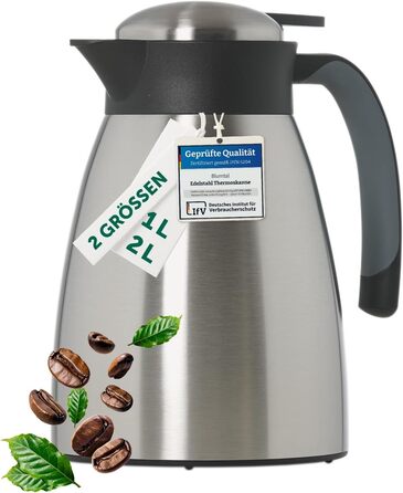 Термос Blumtal 2 літри - Чайник без бісфенолу А з кришкою швидкого наповнення - Термокавник для тривалої ізоляції, що герметично захищає від протікання - Ізольований глечик 2 л - Термос 2 л - Чайник, термосріблястий (сталь - срібло, 1000 мл)