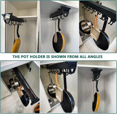 Підвісна підставка для каструль з гачками - регульований кухонний органайзер для каструль та сковорідок, розсувна планка для зберігання, вантажопідйомність 34 кг (56 см, чорний)