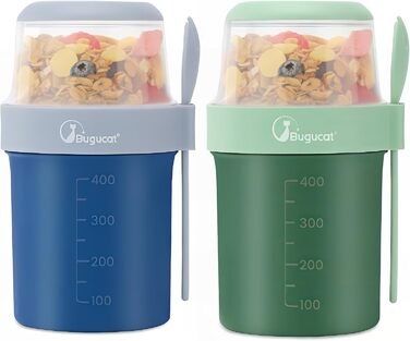 Набір з 2 стаканчиків для пластівців 870 мл з ложкою, синій/зелений Bugucat