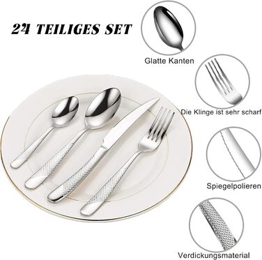 Набор столовых приборов на 6 человек, 24 предмета с держателем, серебристые AVEKI