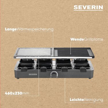 Раклетний гриль SEVERIN з натуральним каменем для гриля та пластиною для гриля, раклет з антипригарною пластиною для гриля та 8 сковородами, настільний гриль на 8 осіб, макс. 1300 Вт, чорний, ручка RG 2371 з контрольним підсвічуванням